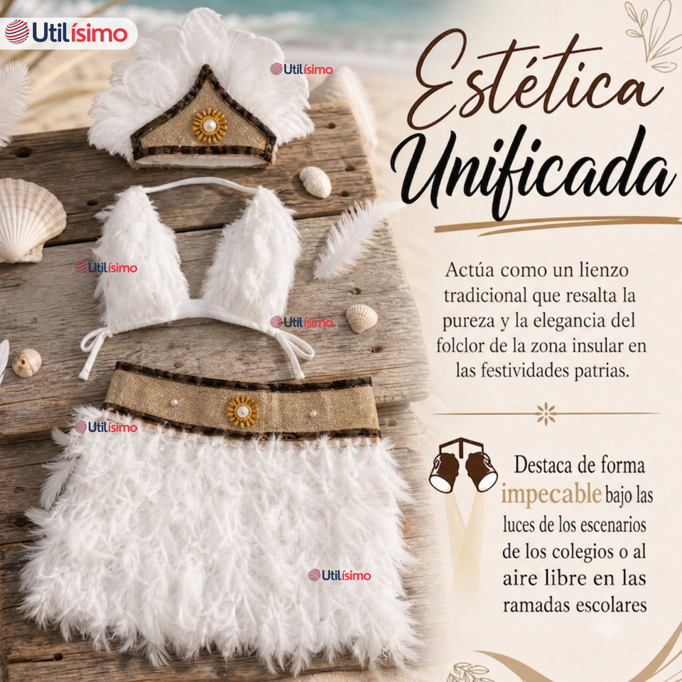 Traje Pascuense Típico Blanco Con Plumas 3 Piezas Juvenil Rapa Nui Fiestas Patrias