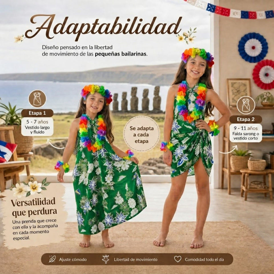 Traje Páscuense Pareo Hawaiano Verde Niña Con Accesorios