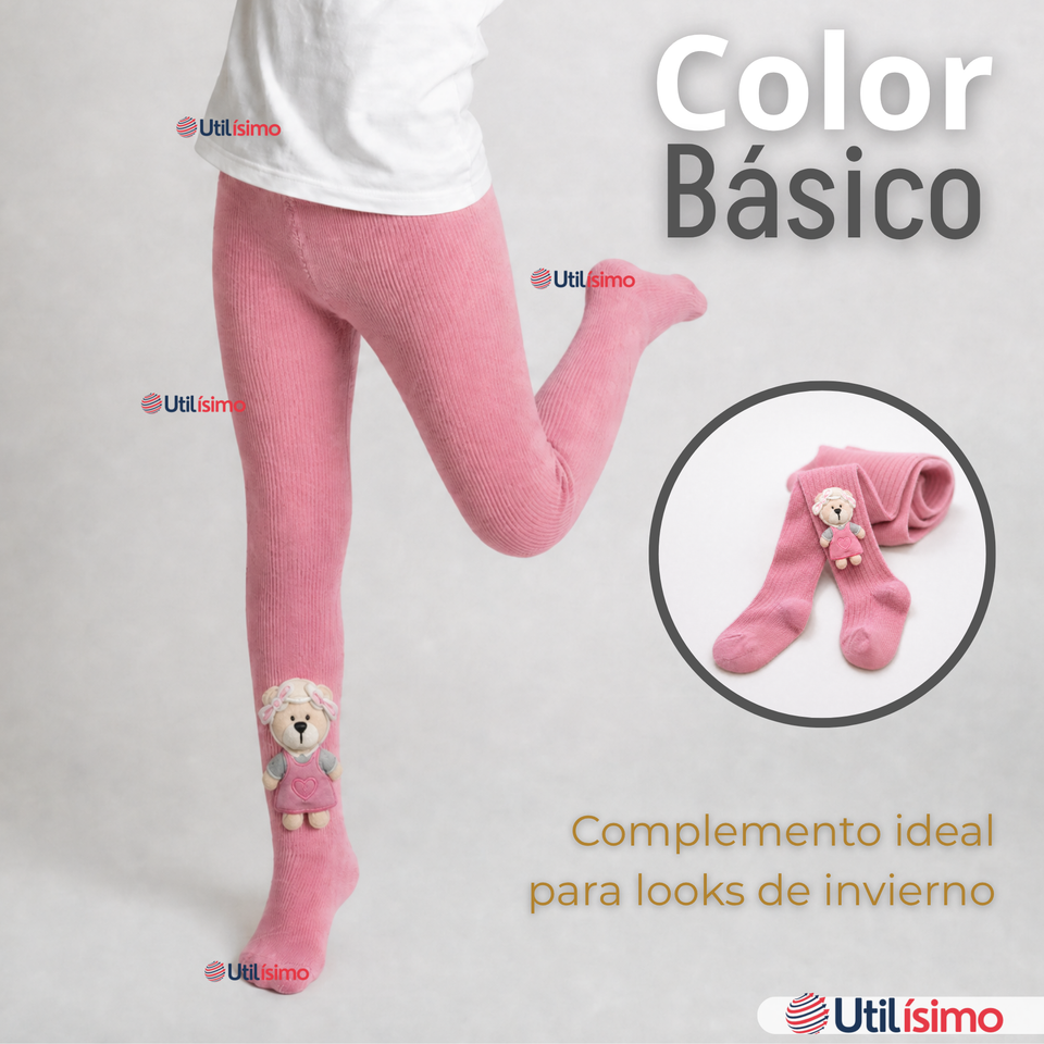 Panty 3D Osito Rosado Tejida Niña Ballerina 78% Algodón Premium