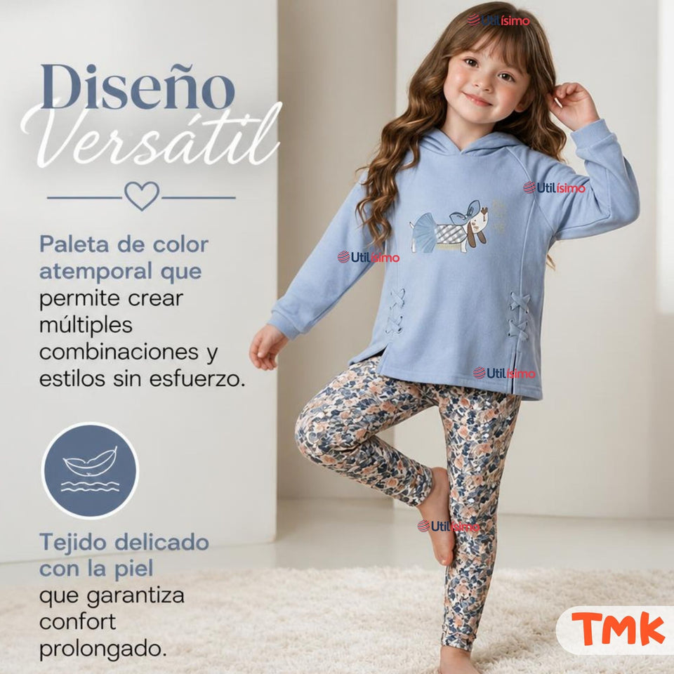 Conjunto 2 Piezas Polerón con Capucha y Buzo 100% Algodón Niña Tedmimak Blue Puppy