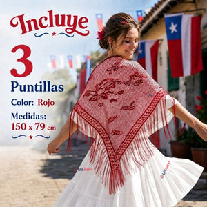 Pack 3 Puntillas Chal Rojo Baile Chilote Mujer Traje Típico 150x79 cm