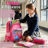 Mochila Escolar Con Ruedas + Estuche + Lonchera 46cm Desmontable Poliéster Rosa Dinosaurio Niña