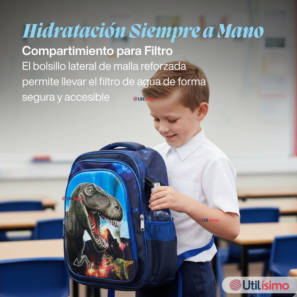 Mochila Escolar Bolso Con Efecto 3D Estuche + Lonchera 40Cm Tela Oxford Niño Dinosaur