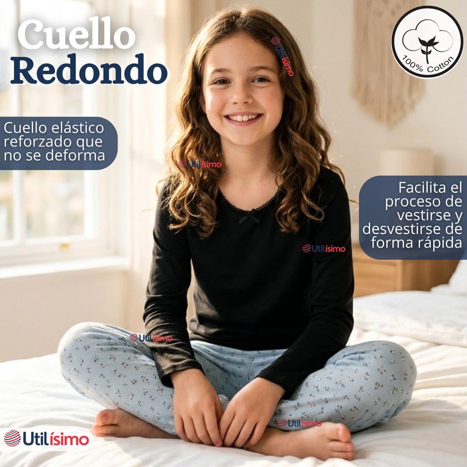 Pack 3 Camisetas Poleras Algodón Básica Cuello Redondo Primera Capa Manga Larga Colores Surtidos Negro Blanco Niña