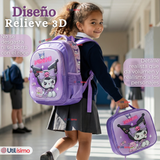Mochila Escolar Kuromi 3D Con Ruedas Desmontable + Estuche + Lonchera Poliéster Morado Niña
