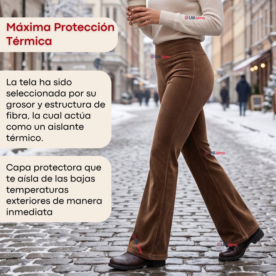 Pantalón Cotelé Palazzo Polar Con Chiporro Elasticado Térmico Café