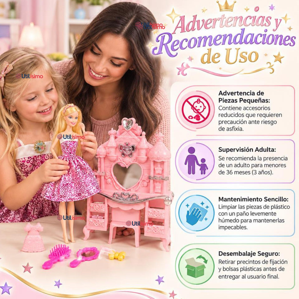 Juguete Muñeca Fashion Articulada Tocador y Accesorios