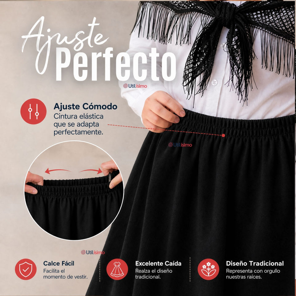 Traje Chilote Juvenil Negro Fiestas Patrias Con Polera 4 Piezas Tradicional Chilota