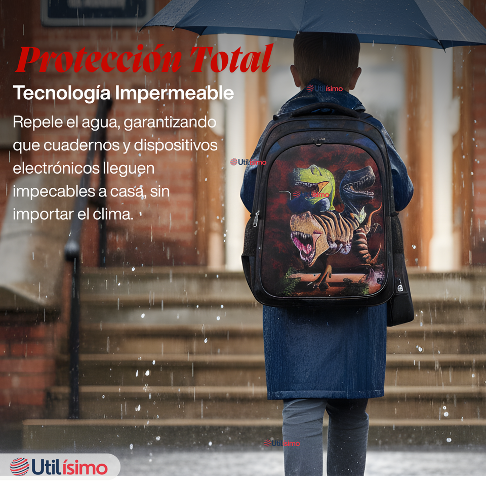 Mochila Escolar Bolso Con Efecto 3D Estuche + Lonchera 40Cm Tela Oxford Niño Dark Dinosaur