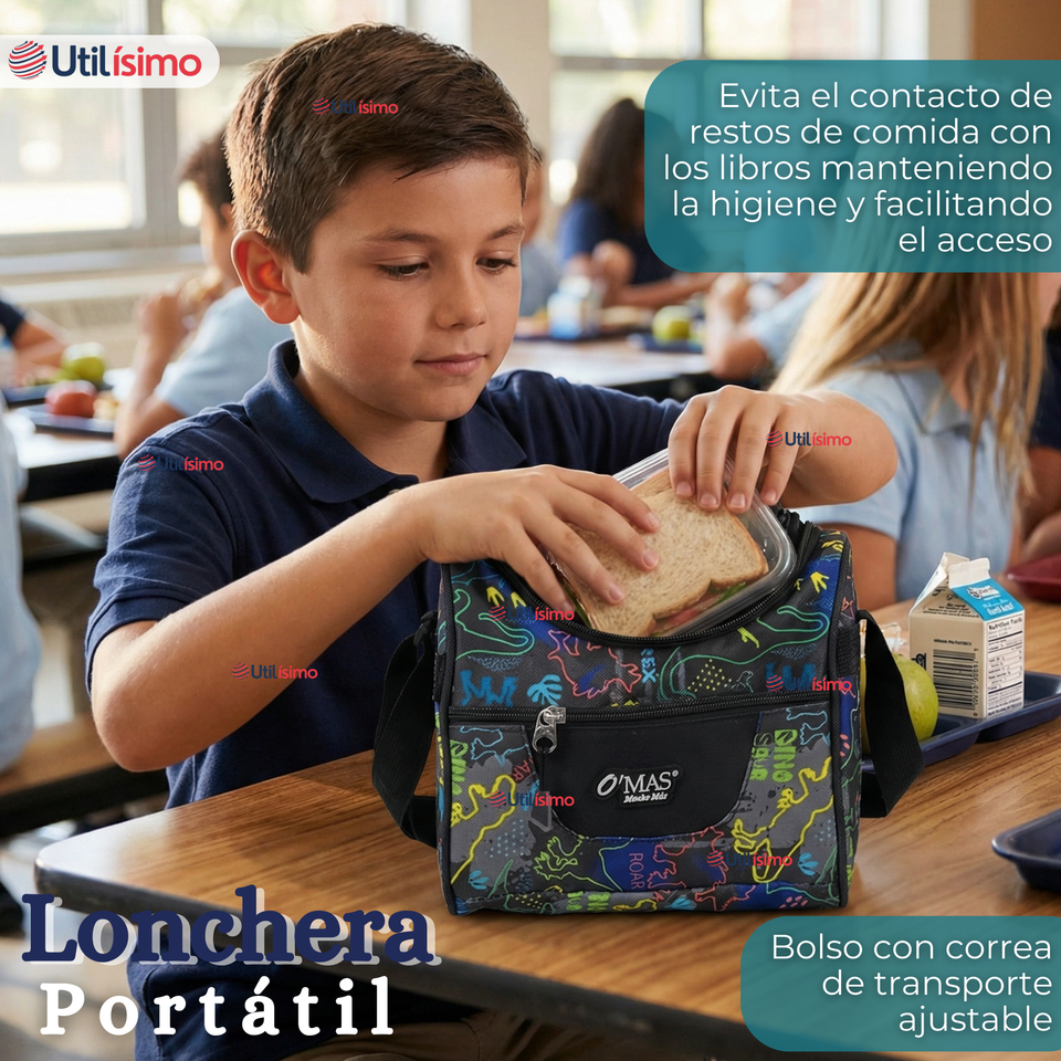 Mochila Escolar + Estuche + Lonchera 45cm Tela Oxford Estampado de Dinosaurio Niño