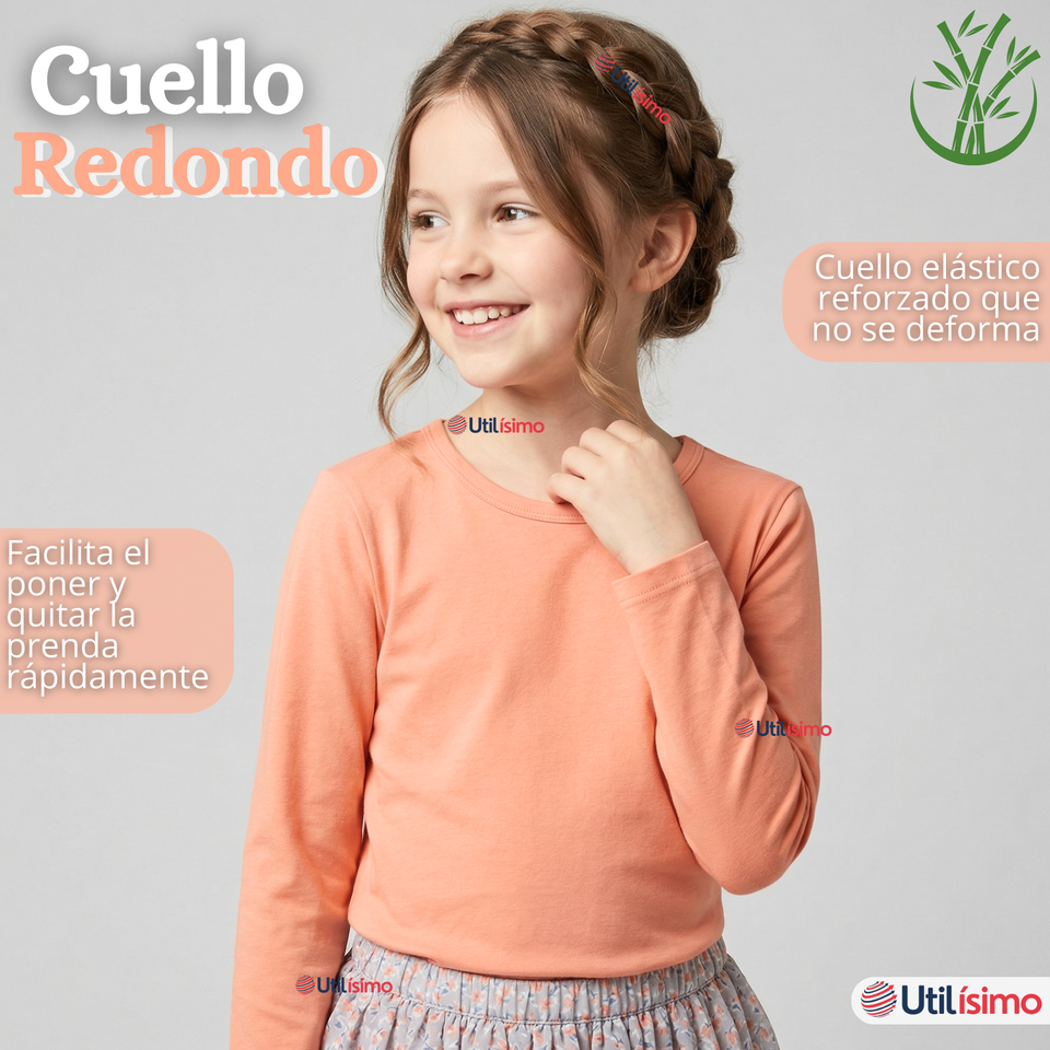 Camiseta Polera Bambú Cuello Redondo Salmón Primera Capa Manga Larga Niña