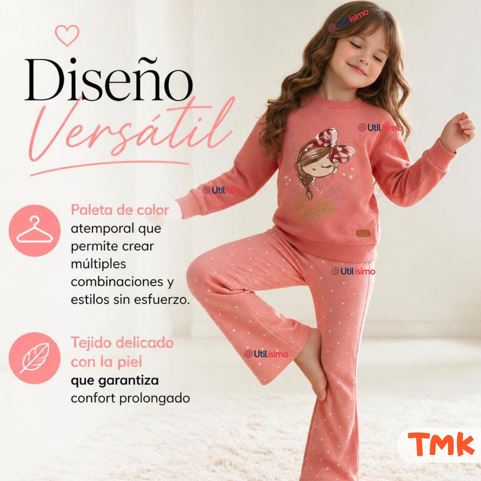 Conjunto 2 Piezas Polerón y Pantalón Palazzo 100% Algodón Tedmimak Niña Beautiful pink