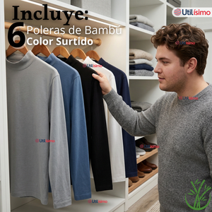 Pack 6 Camisetas Poleras Bambú Primera Capa Cuello Beatle Manga Larga Colores Surtidos Hombre