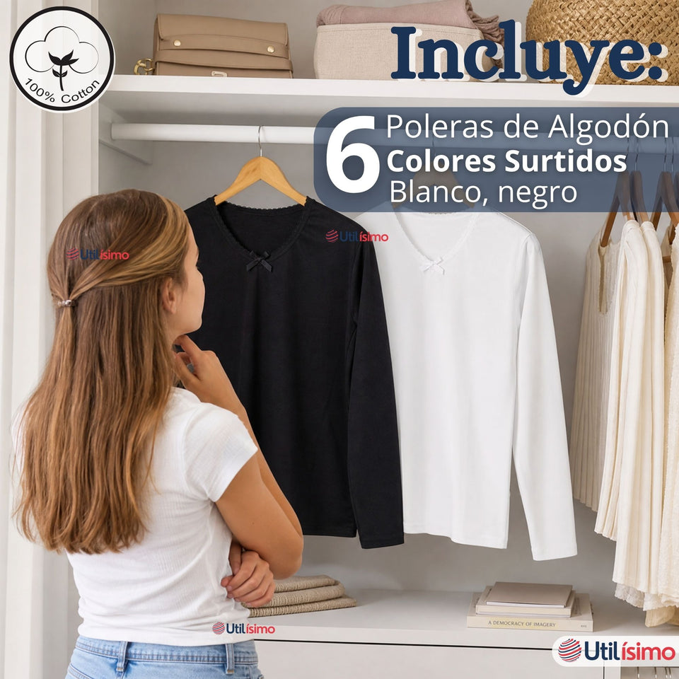 Pack 6 Camisetas Poleras Algodón Básica Cuello Redondo Primera Capa Manga Larga Colores Surtidos Negro Blanco Niña