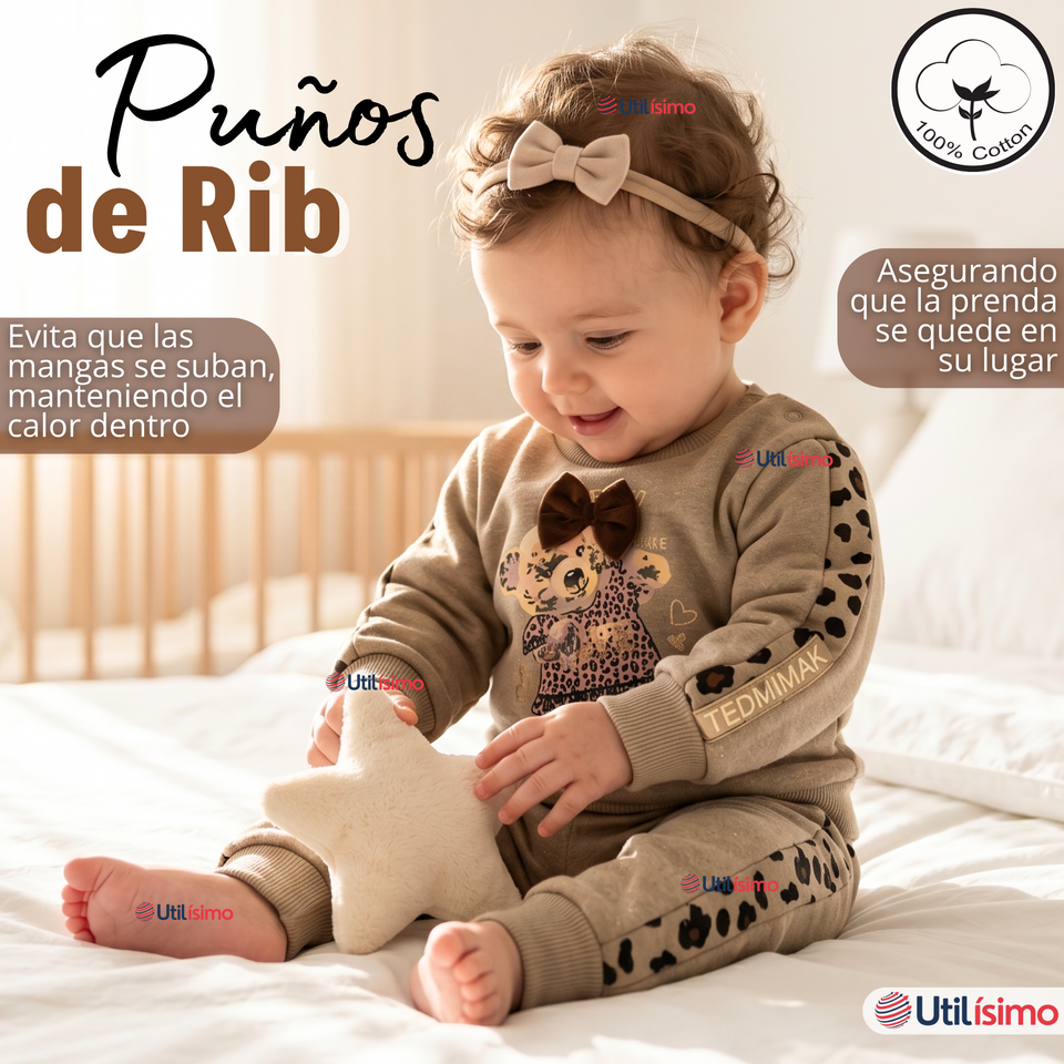 Conjunto 3 Piezas Buzo Pantalón Polerón Body De Algodón Beige Bebé Niña