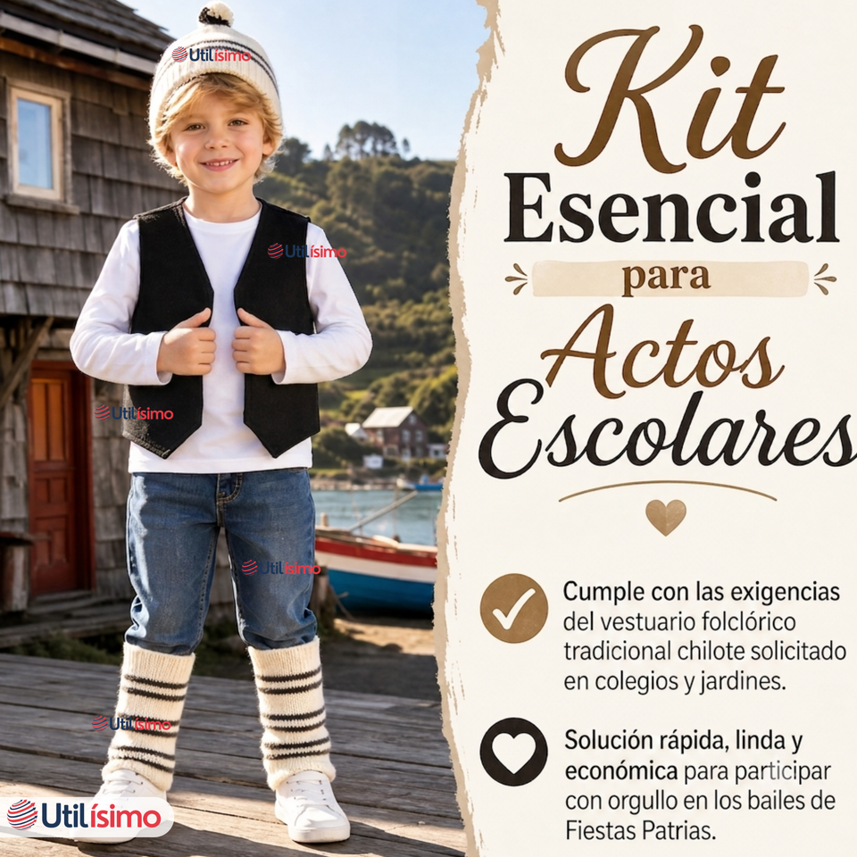 Vestimenta Chilote 3 Piezas Chaleco Gorro Polainas Niño Fiestas Patrias
