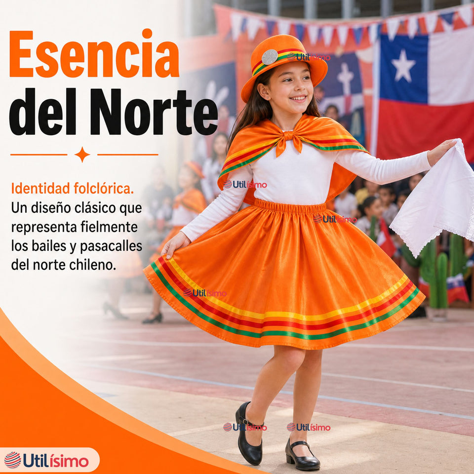 Pack 3 Trajes Nortinos Niña 3 piezas Naranja Baile Típico Fiestas Patrias