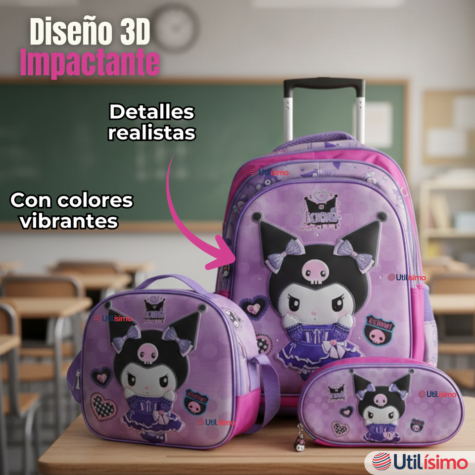Mochila Kuromi Escolar Con Ruedas + Estuche + Lonchera Desmontable Poliéster Lila Niña