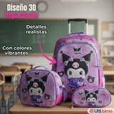 Mochila Kuromi Escolar Con Ruedas + Estuche + Lonchera Desmontable Poliéster Lila Niña