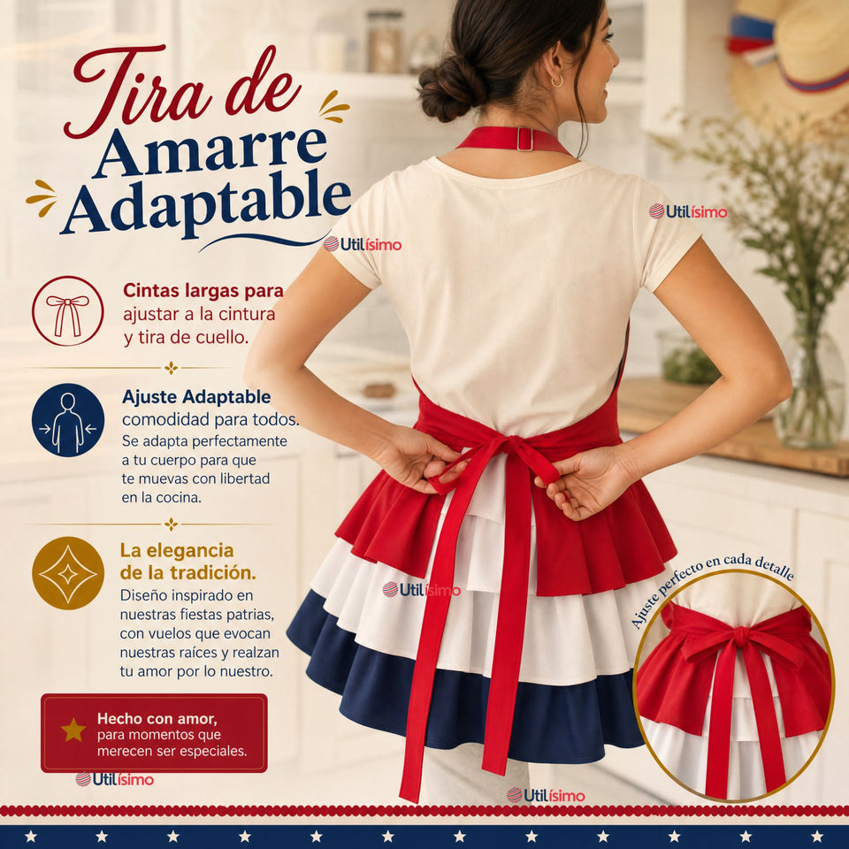 Pack 3 Delantales Diseño Tricolor Con Vuelos Mujer Fiestas Patria