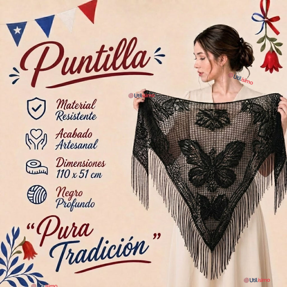Pack 3 Puntillas Chales Traje Típico Baile Chilote Mujer Negro 110x51cm