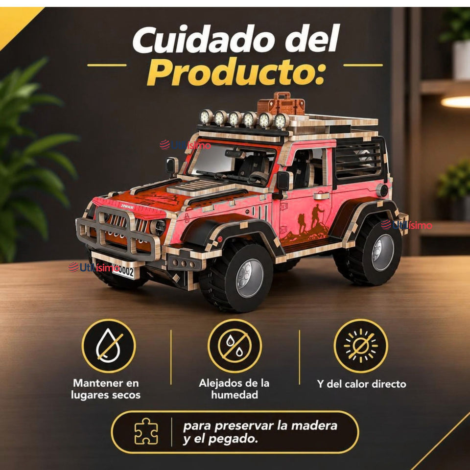 Puzzle 3D Jeep 4x4 Rojo de Madera 132 Piezas Juguete Armable