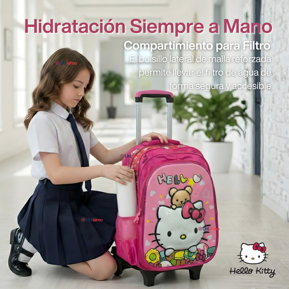 Mochila Escolar Hello Kitty Flowers Con Ruedas Desmontables + Estuche + Lonchera Niña Poliéster
