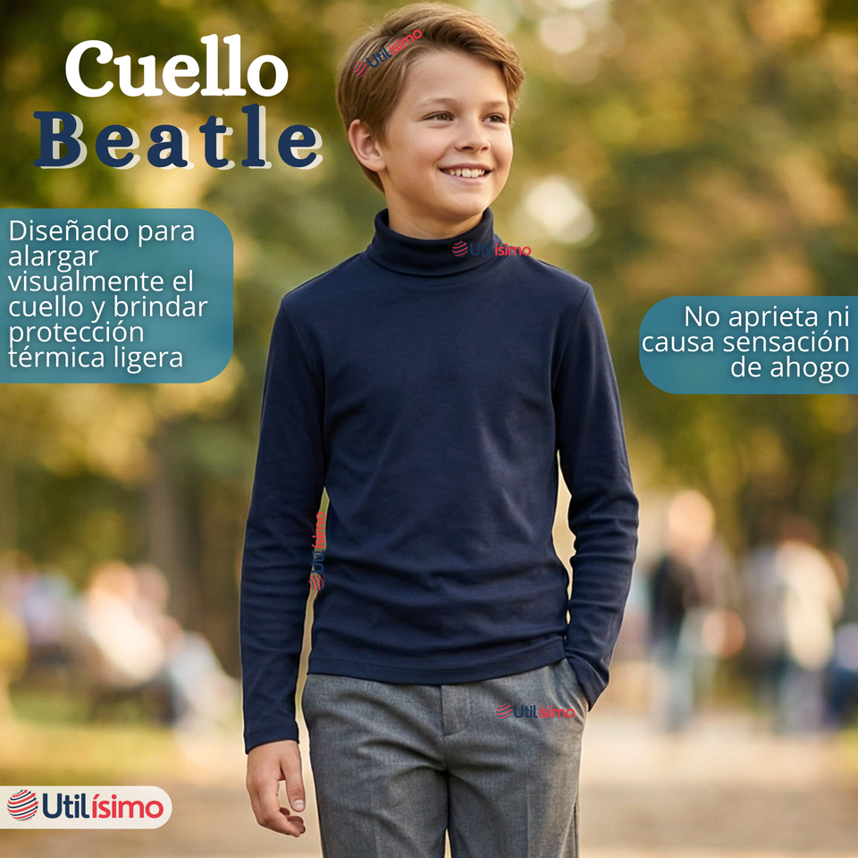 Pack 3 Poleras Camisetas Polar Azul Oscuro Primera Capa Beatle Manga Larga Niño