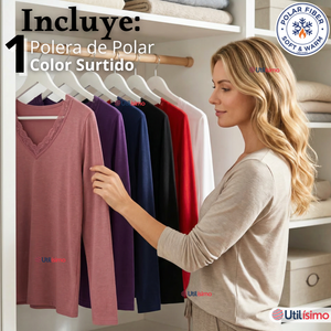 Camiseta Polera Polar Cuello V Manga Larga Con Encaje Colores Surtidos Mujer