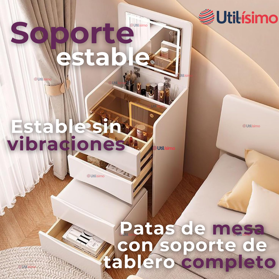 Tocador De Lujo Plegable Con Taburete Y Espejo De luz Ajustable 4 Cajones MDF Blanco  80x40x40cm