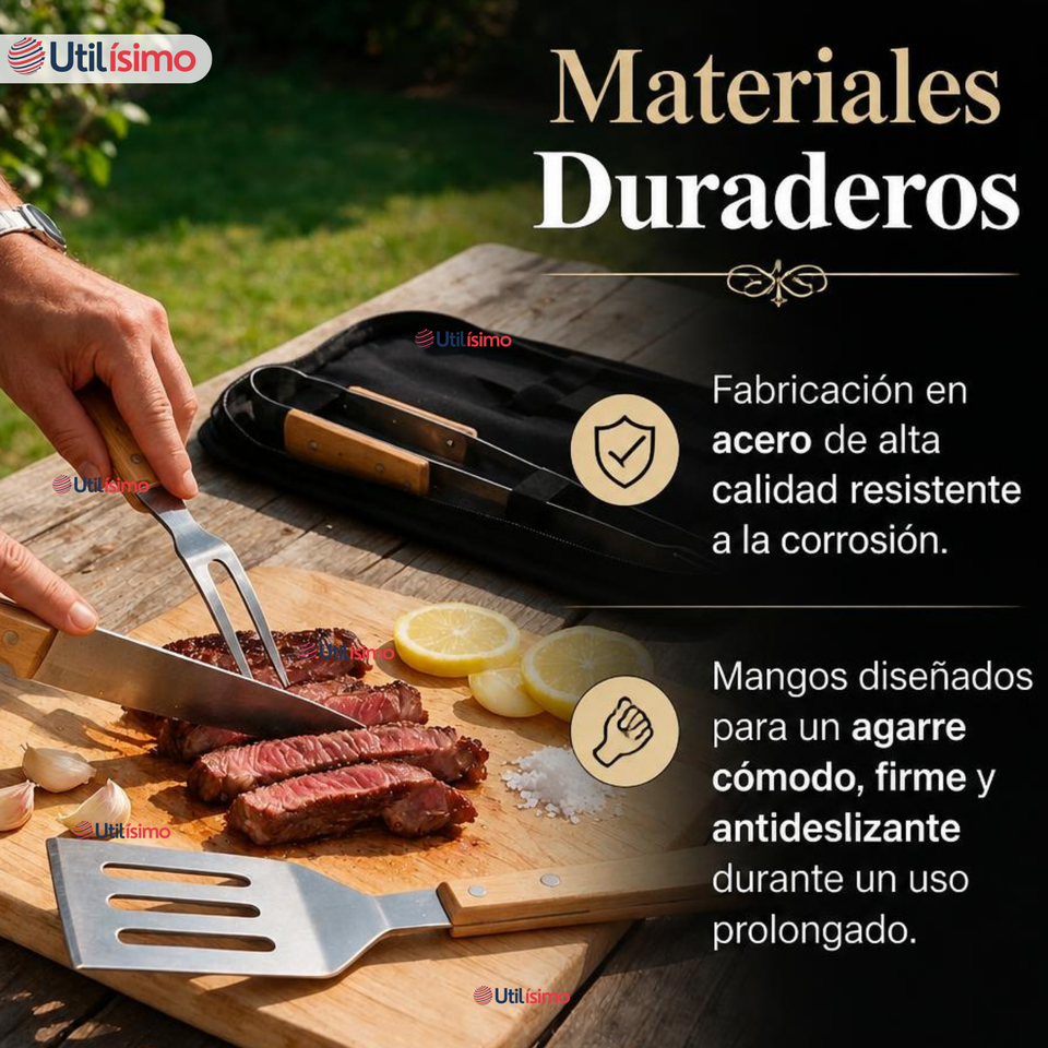 Set Parrilero 4 Piezas Acero Inoxidable Con Estuche Asado Barbacoa Fiestas Patrias