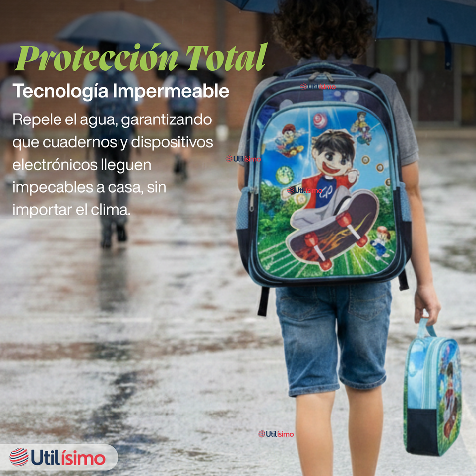 Mochila Escolar Bolso Con Efecto 3D Estuche + Lonchera 40Cm Tela Oxford Niño Skate Hero