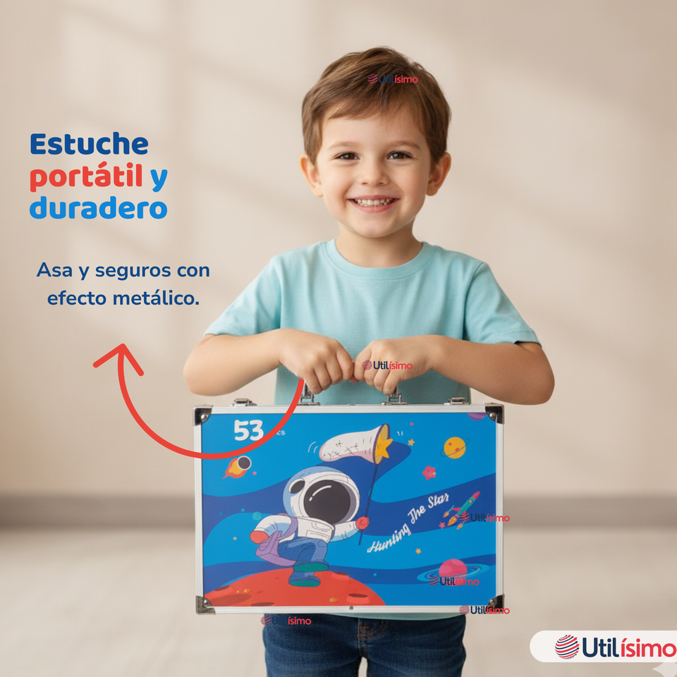 Maletín Set De Arte 53 Piezas Estuche Para Dibujar Y Pintar Niño Astronauta