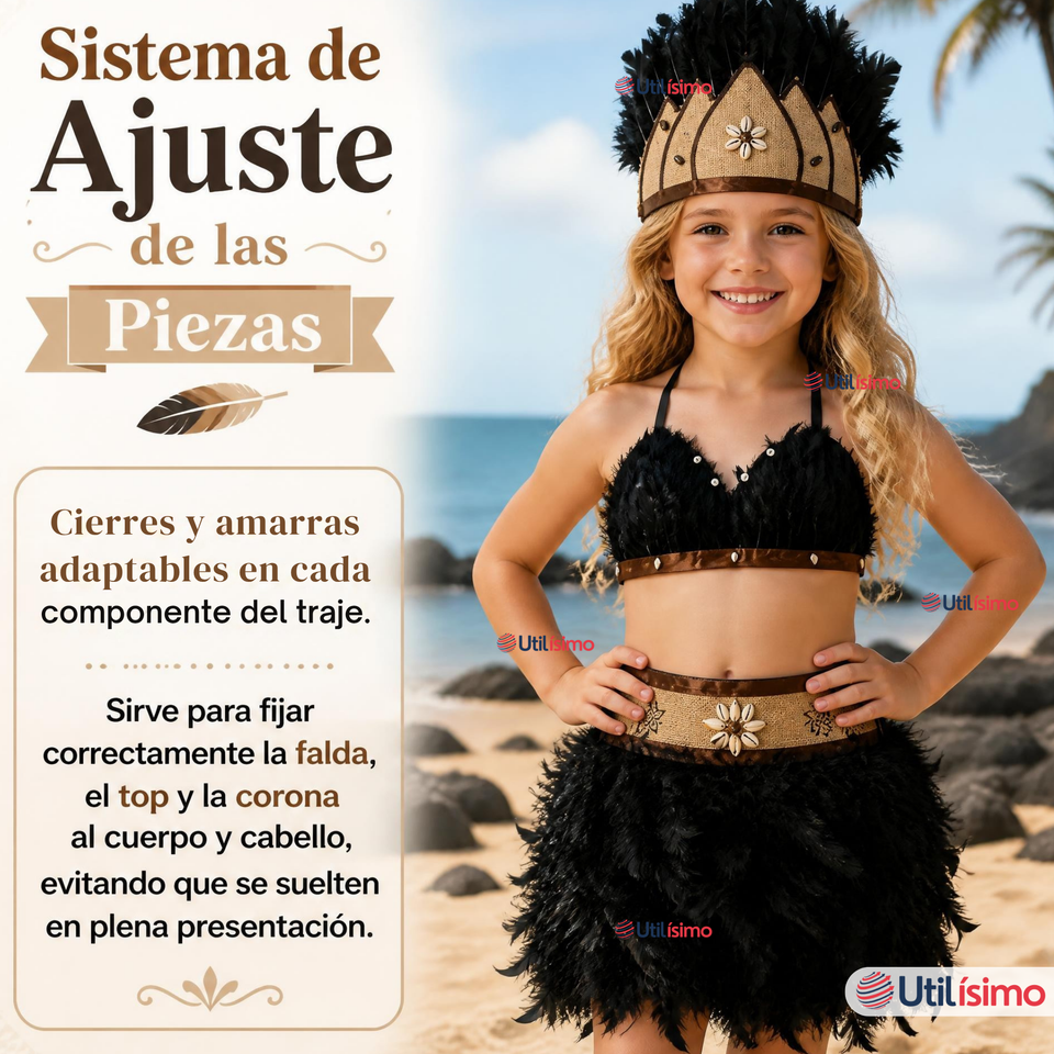 Traje Pascuense Típico Negro Con Plumas 3 Piezas Niña Rapa Nui Fiestas Patrias