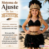 Traje Pascuense Típico Negro Con Plumas 3 Piezas Niña Rapa Nui Fiestas Patrias