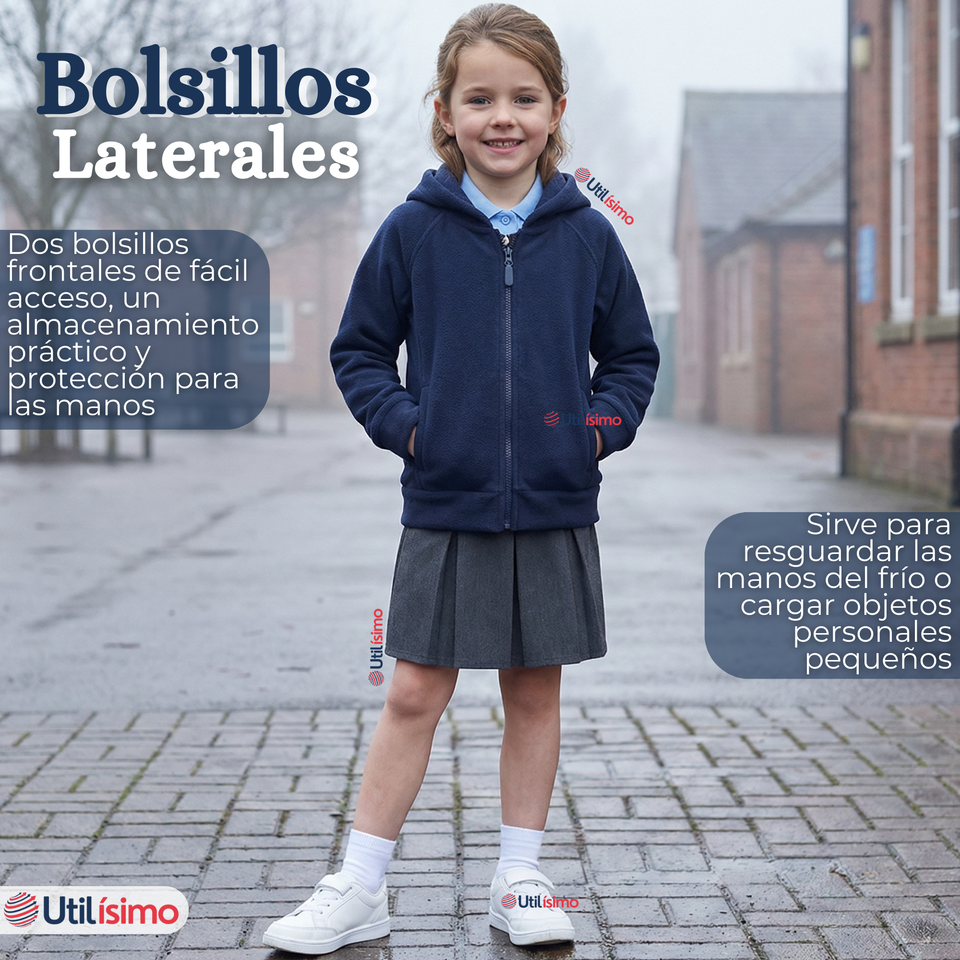 Polerón Escolar Polar Con Capucha Niña Unisex Azul 5 a 12 años