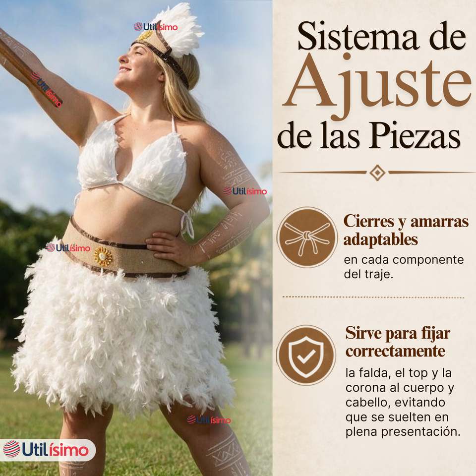 Traje Pascuense Típico Blanco Con Plumas 3 Piezas Juvenil Rapa Nui Fiestas Patrias