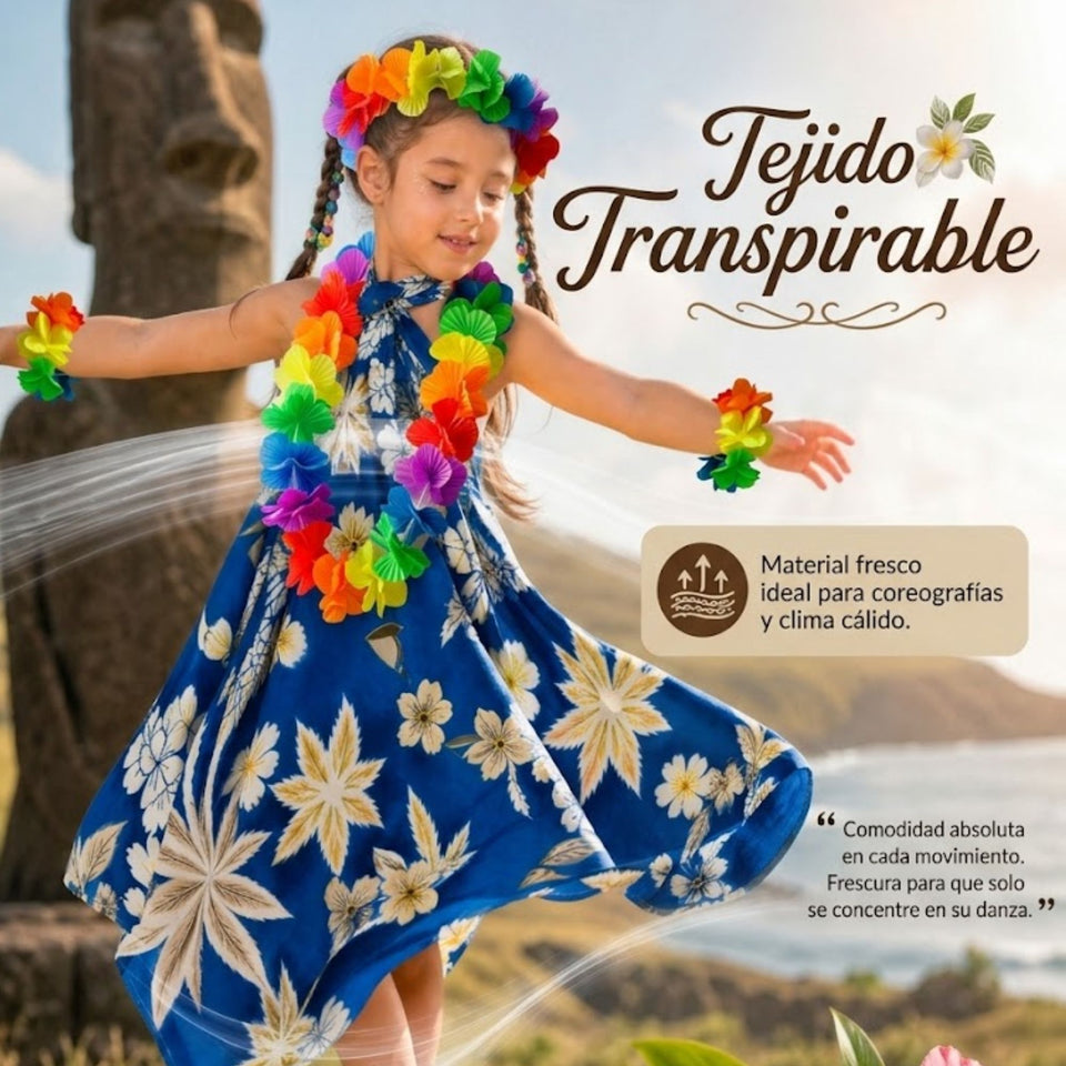 Pack 3 Trajes Páscuense Pareo Hawaiano Azul Niña Con Accesorios
