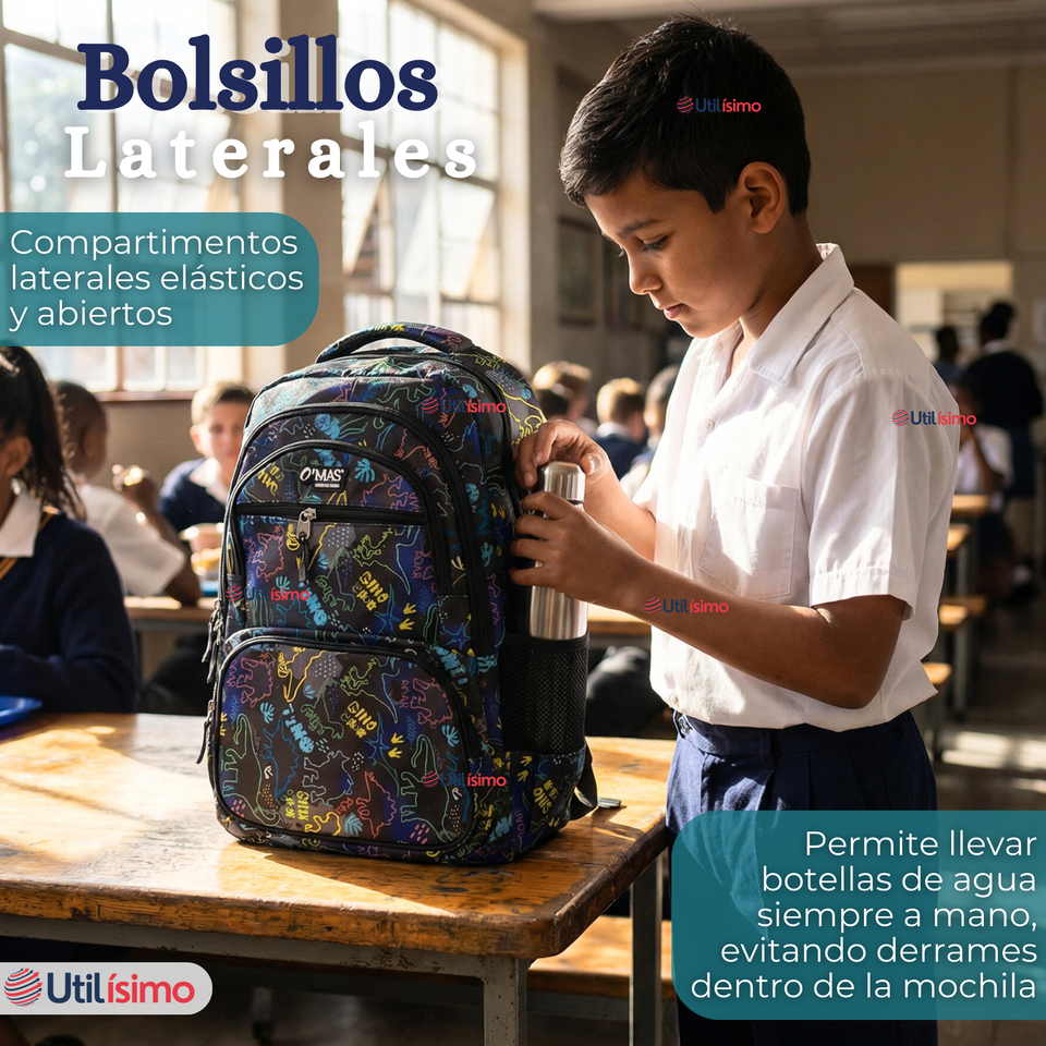 Mochila Escolar + Estuche + Lonchera 45cm Tela Oxford Estampado de Dinosaurio Niño