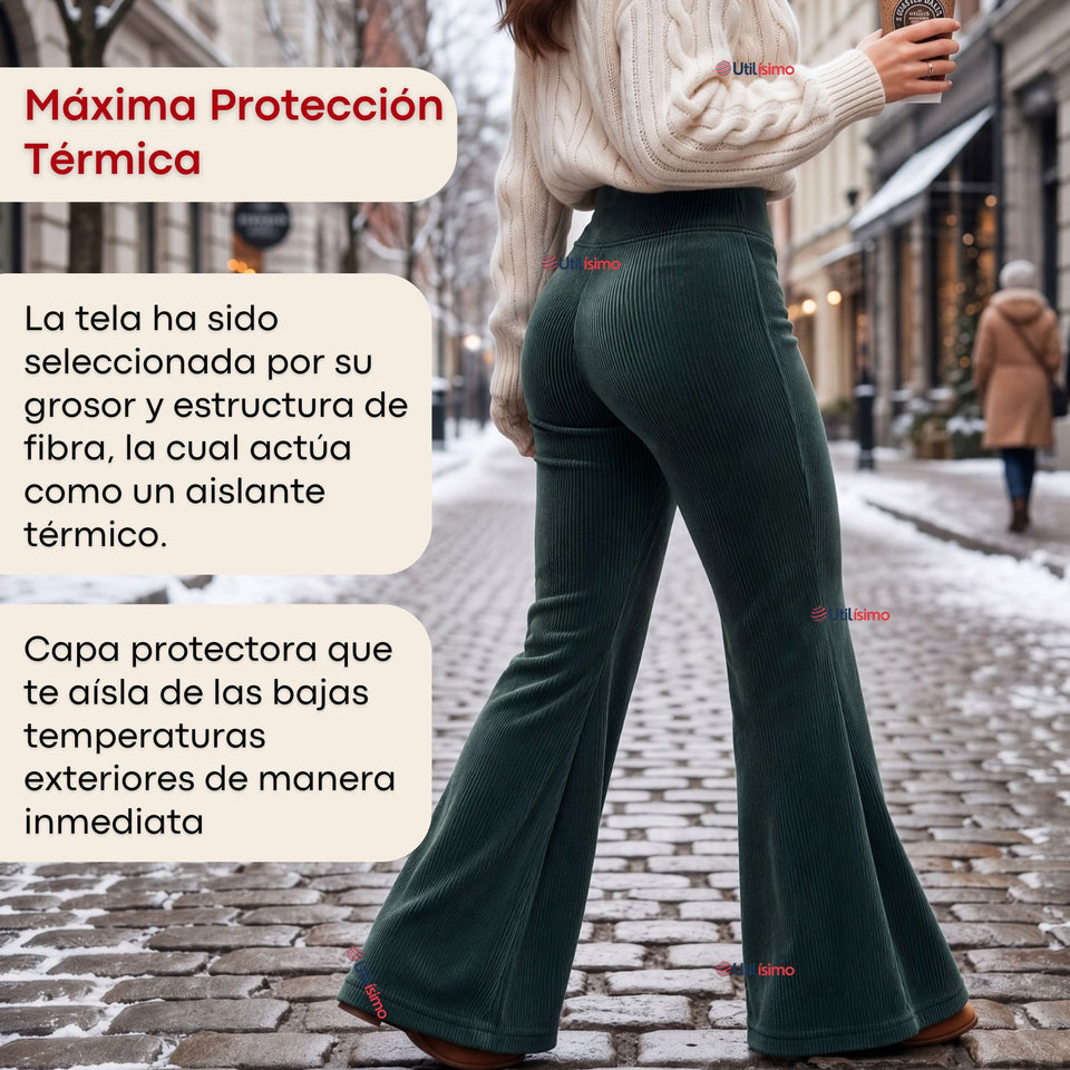 Pantalón Cotelé Palazzo Polar Con Chiporro Elasticado Térmico Verde Oscuro