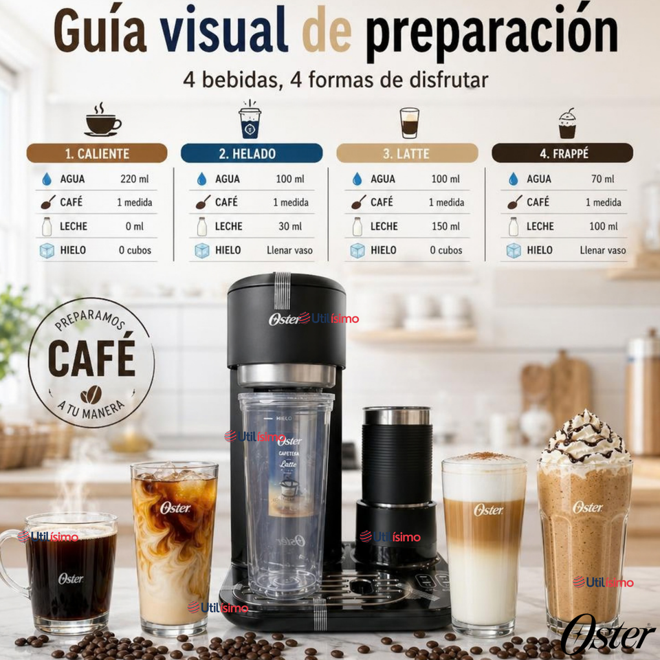 Cafetera Latte 4 en 1 Oster® Con Espumador Café Caliente Latte Helado Frappé BVSTDC02B