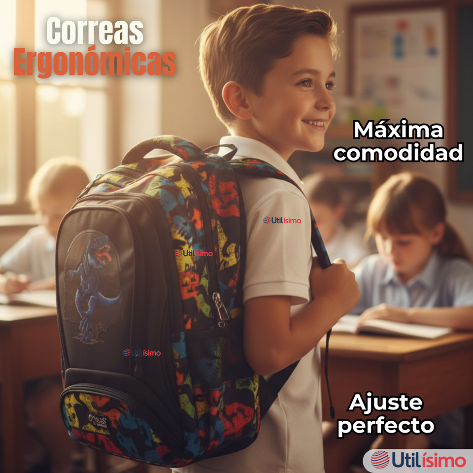 Mochila Escolar Kit Con Estuche y Lonchera 43cm Tela Oxford Dino Niño
