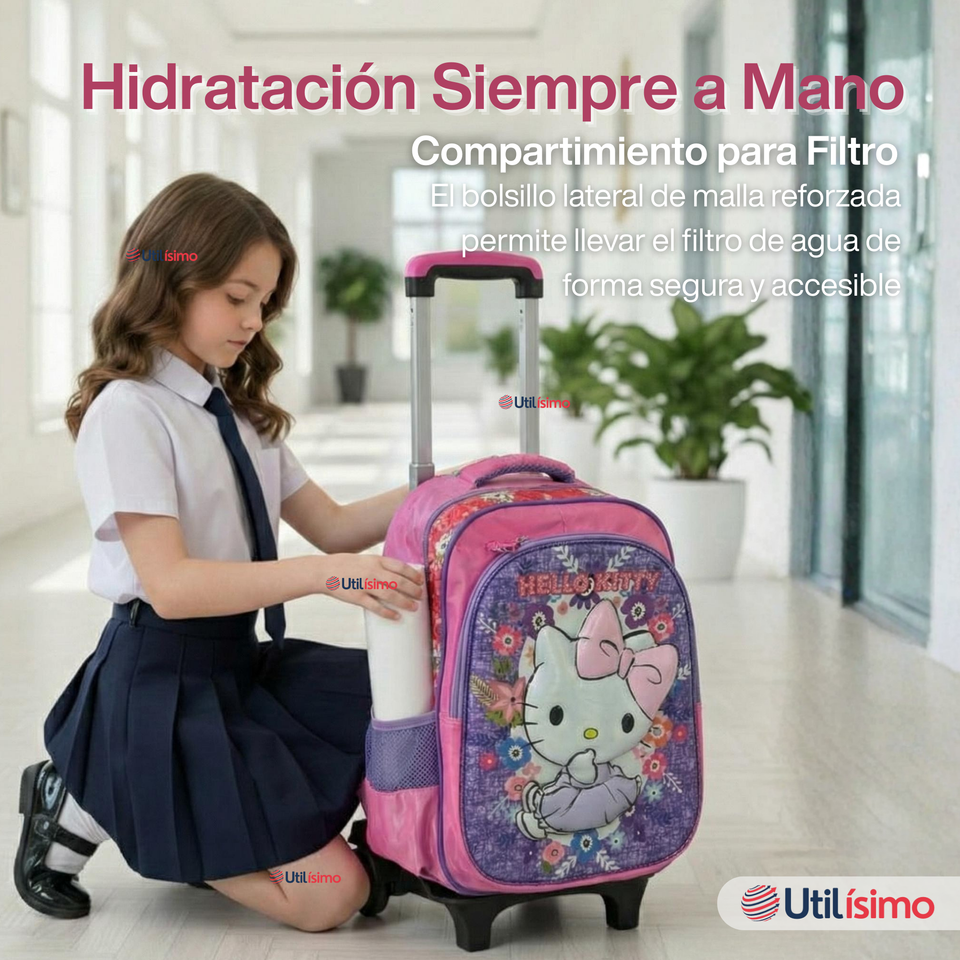 Mochila Escolar Hello Kitty Con Ruedas Desmontables + Estuche + Lonchera Niña Poliéster