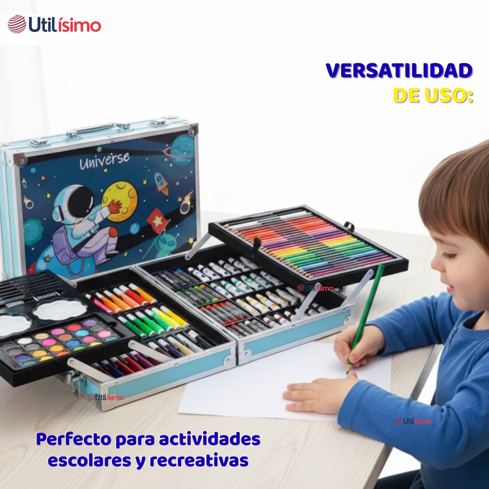 Set 145 Piezas Arte Infantil Dibujo Maletín Metálico Completo Incluye Lápices Marcadores Pinturas Pasteles Y Accesorios