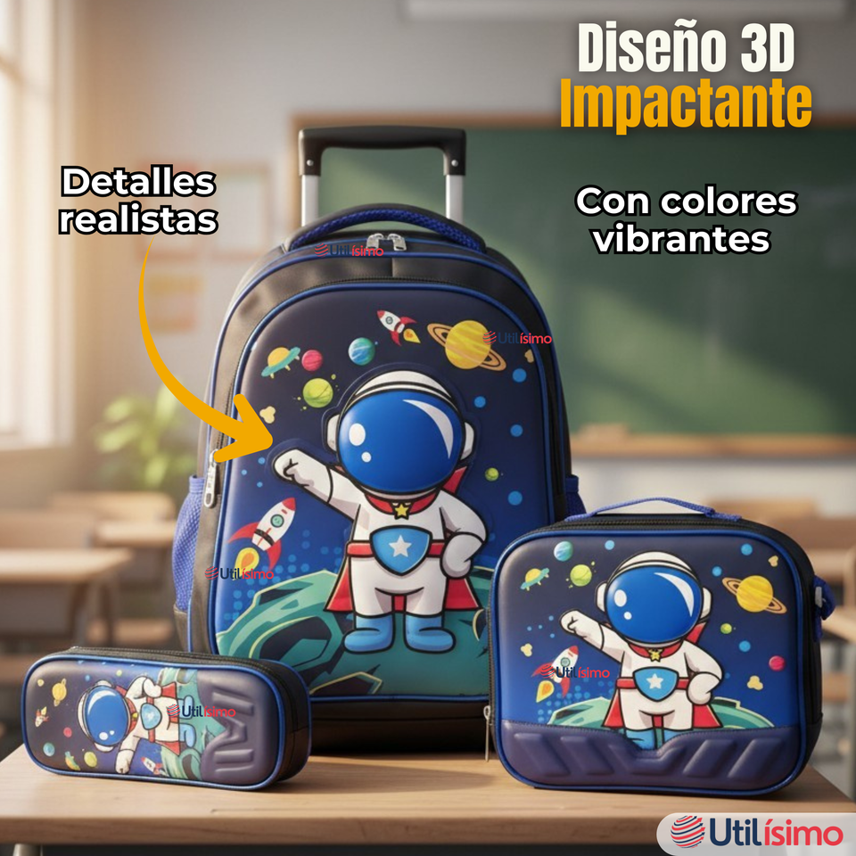 Mochila Escolar Con Ruedas + Estuche + Lonchera Poliéster Astronauta Niño