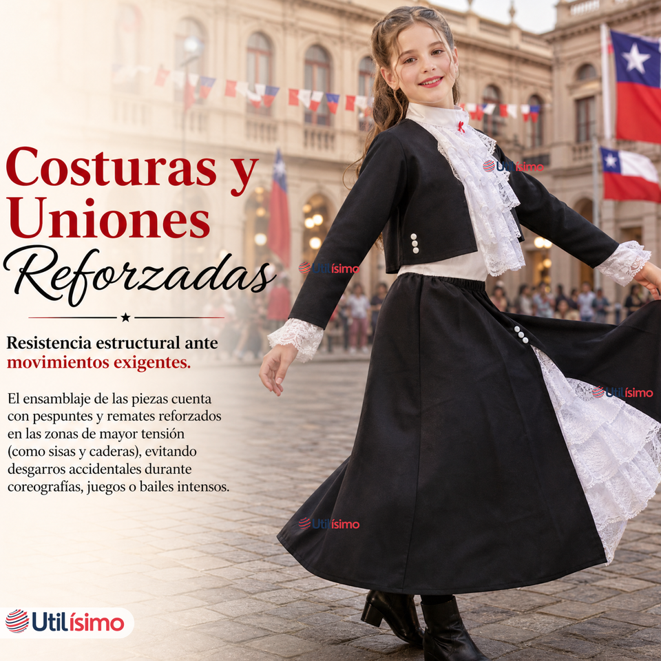 Traje Huasa Elegante NIña Conjunto 4 Piezas Tipico Fiestas Patrias