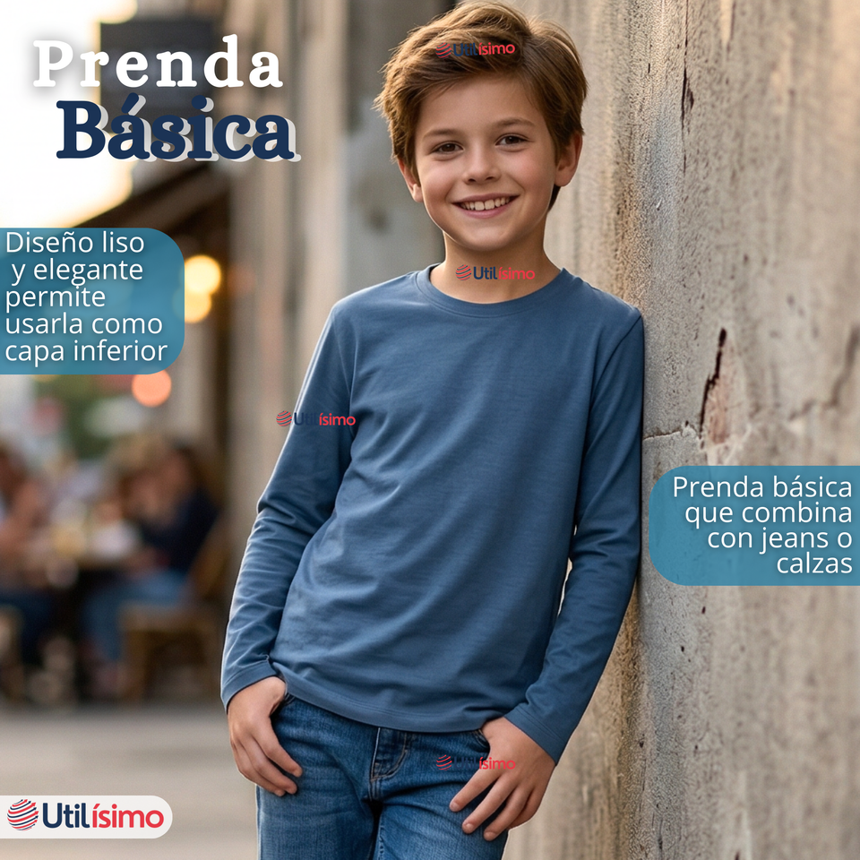 Pack 3 Poleras Camisetas Bambú Claro Oscuro Cuello Redondo Primera Capa Manga Larga Niño