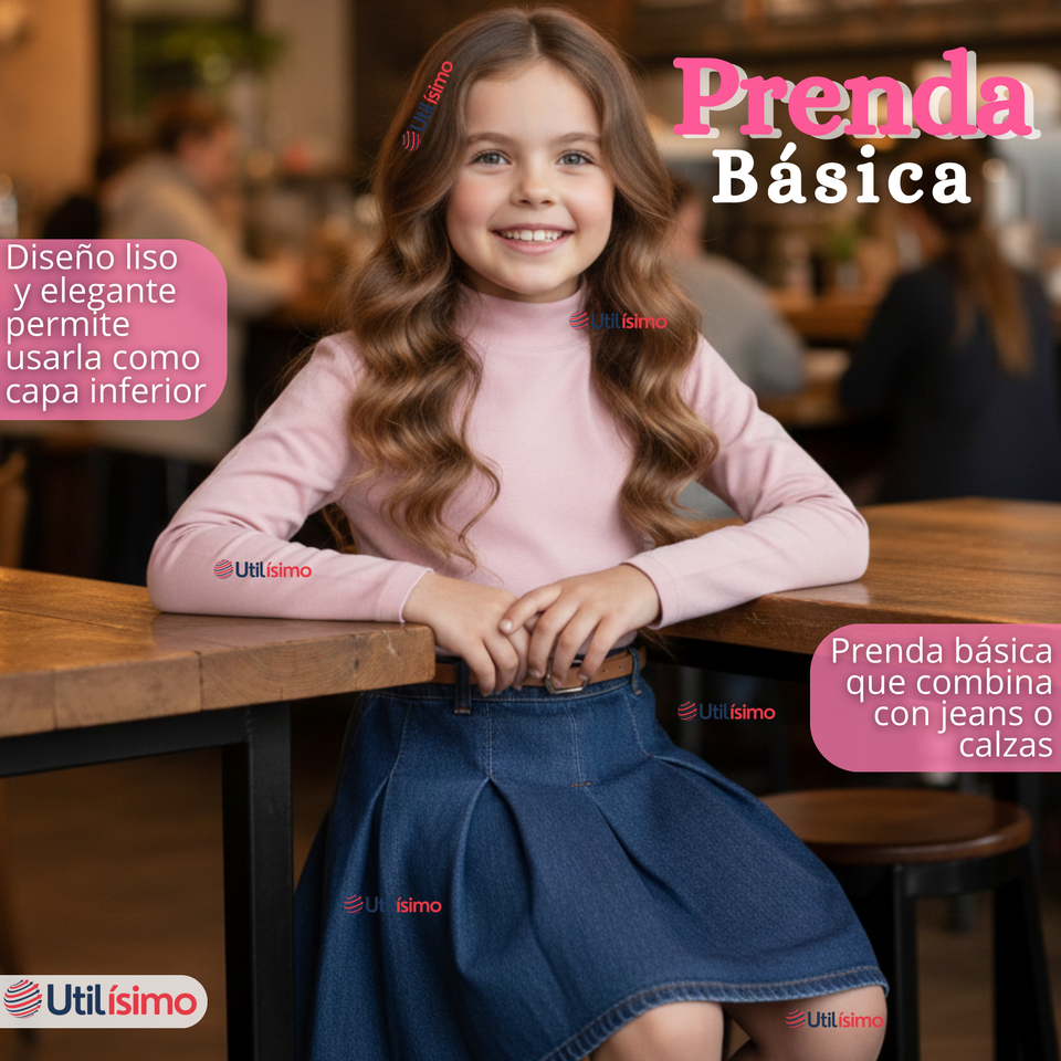 Pack 3 Poleras Camisetas Bambú Cuello Beatle Primera Capa Rosado Claro Manga Larga Niña