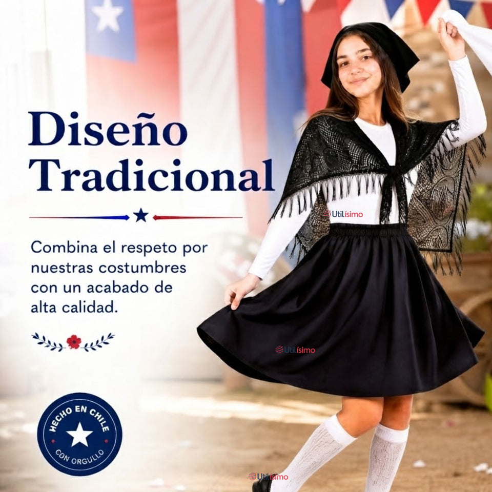 Traje Chilote Juvenil Negro Fiestas Patrias Con Polera 4 Piezas Tradicional Chilota
