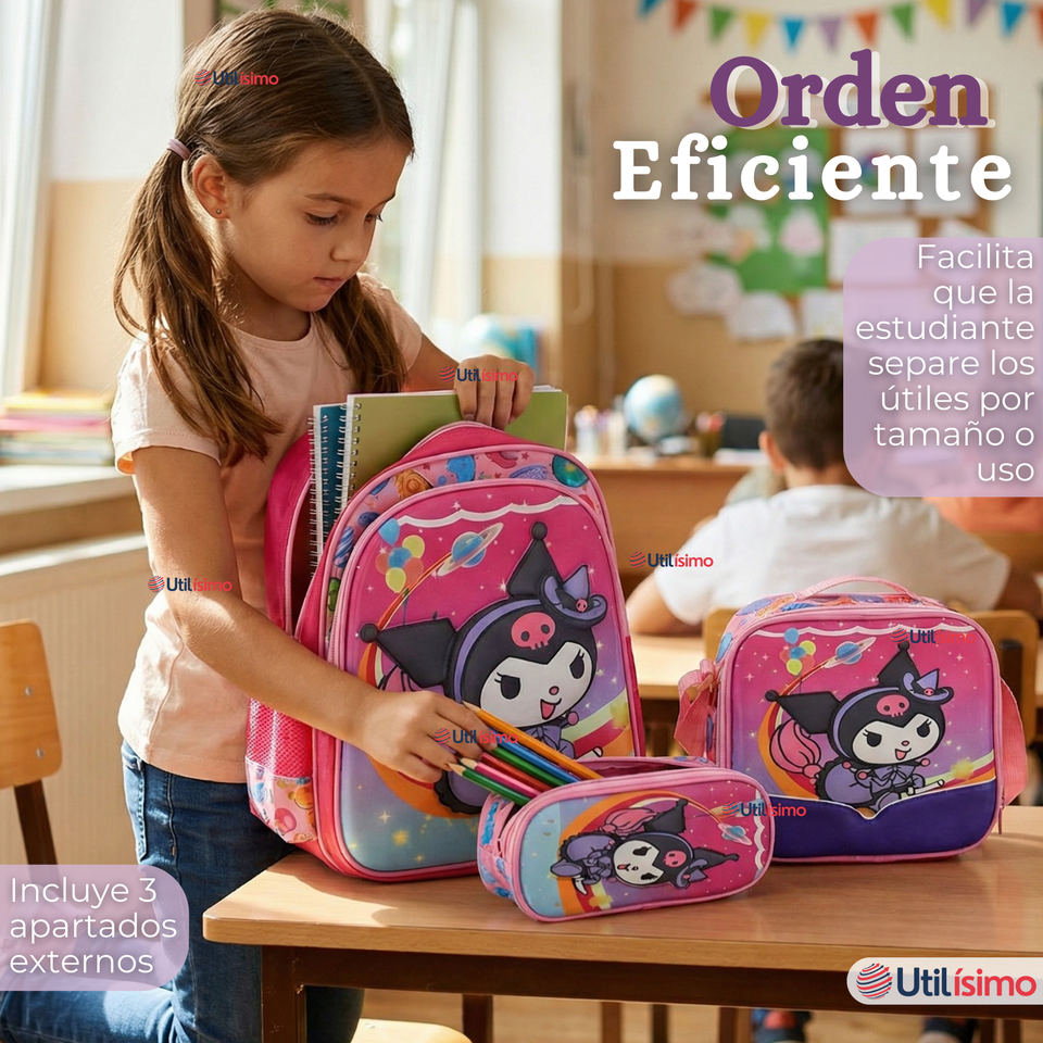 Mochila Escolar Kuromi 3D Con Ruedas Desmontable + Estuche + Lonchera Poliéster Rosa Niña